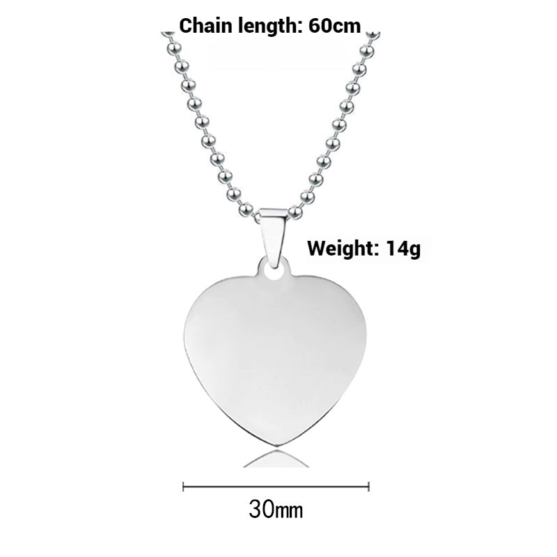 100 Pcs Titanium steel necklace 30mm heart-shaped blank wordless material Holiday gift engraved stainless steel necklace