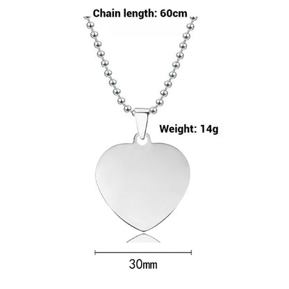 100 Pcs Titanium steel necklace 30mm heart-shaped blank wordless material Holiday gift engraved stainless steel necklace