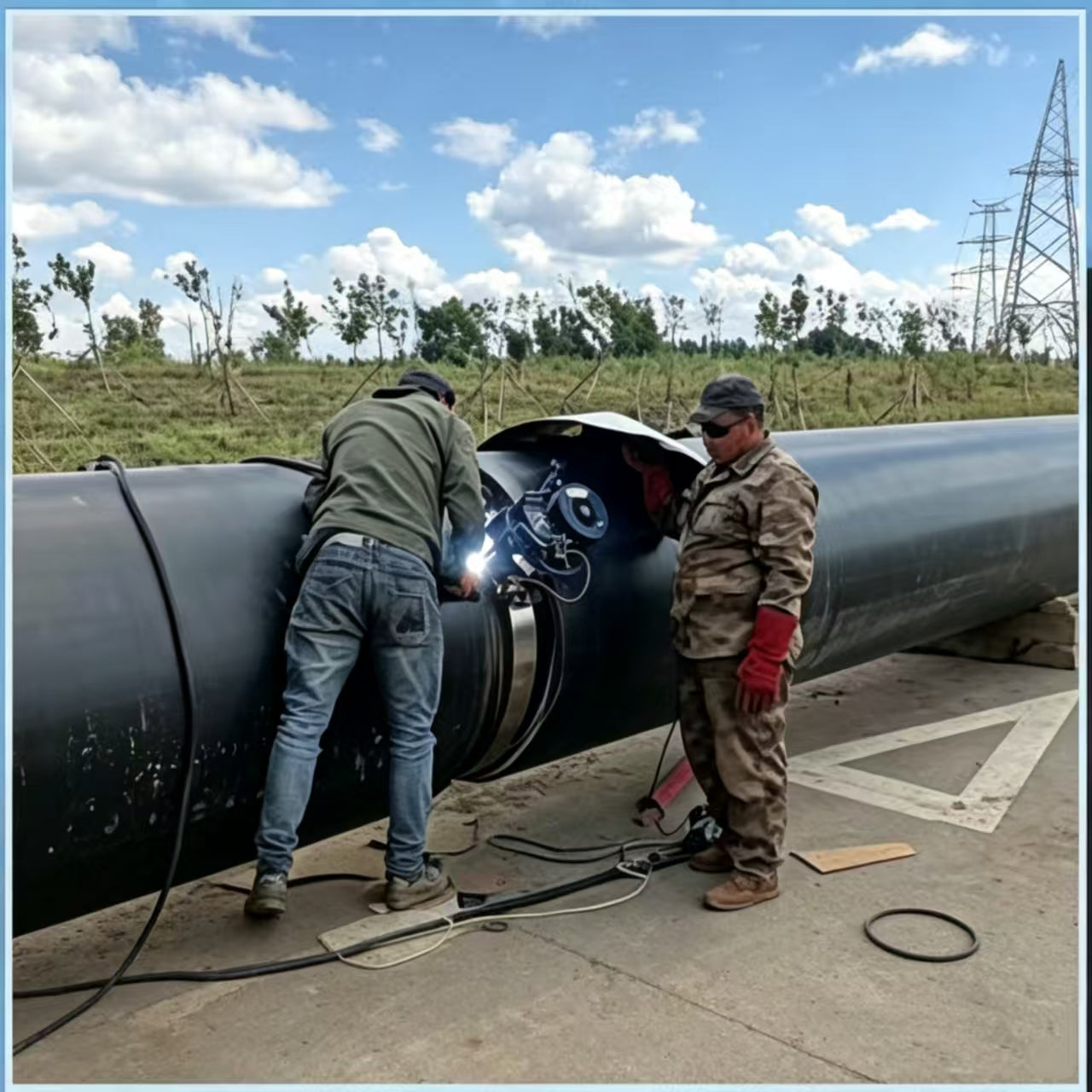 G168 orbital welding machine MIG MAG arc in progress on heavy-wall industrial pipe, 12-zone automatic positional parameter control, stepper motor oscillation