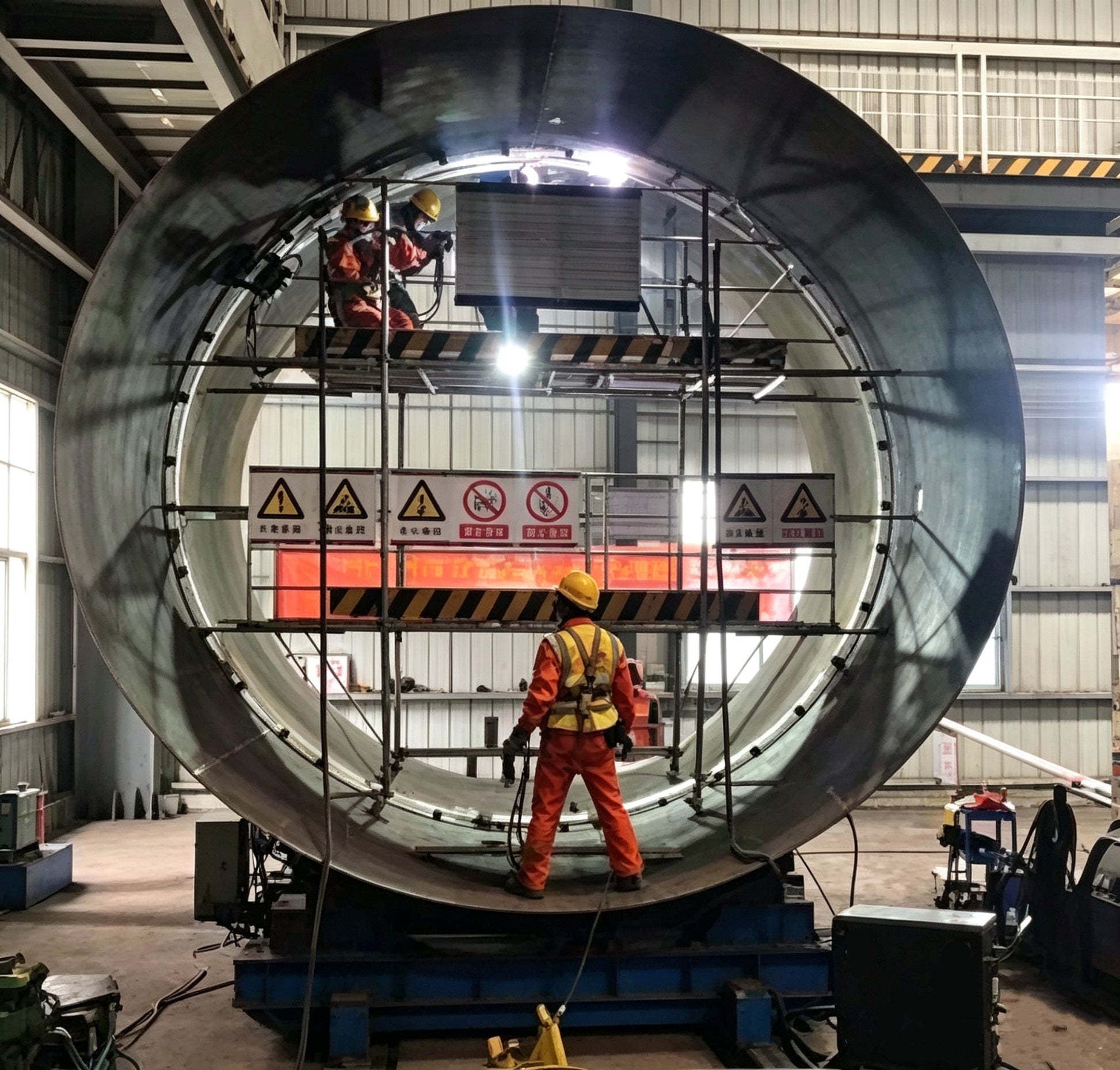 G168 track-type orbital welder installed on large-diameter carbon steel pipeline in field welding operation, all-position 5G girth weld, quick-buckle spring-steel track
