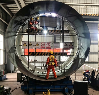 G168 track-type orbital welder installed on large-diameter carbon steel pipeline in field welding operation, all-position 5G girth weld, quick-buckle spring-steel track